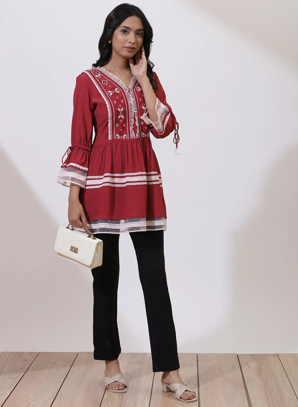 Red Tunic With Embroidery & Lace