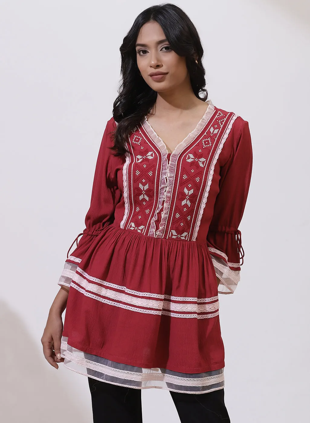 Red Tunic With Embroidery & Lace