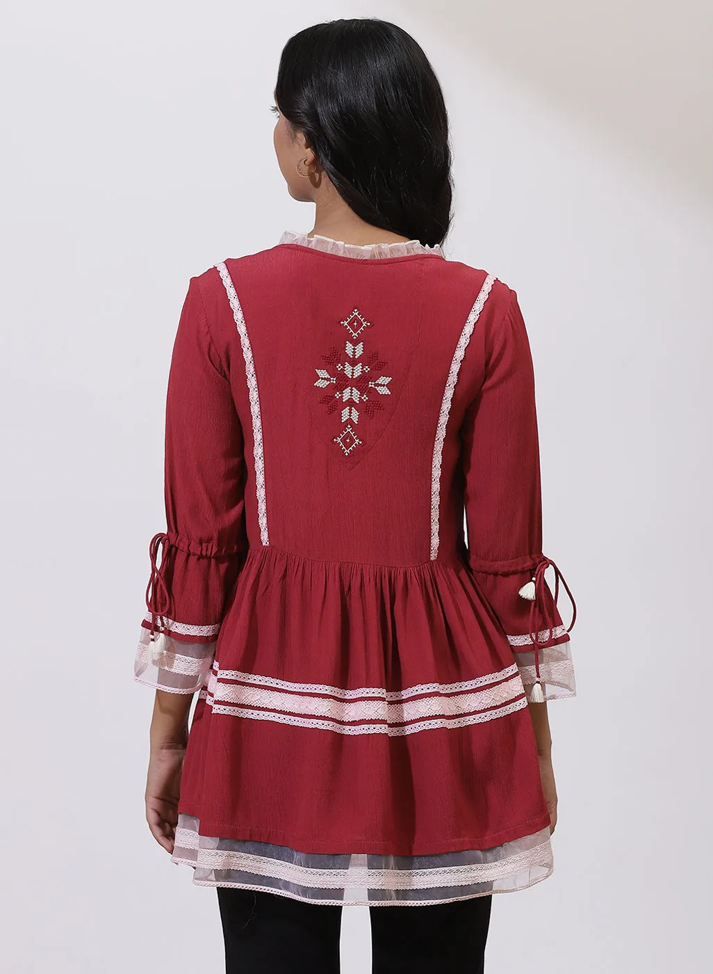 Red Tunic With Embroidery & Lace