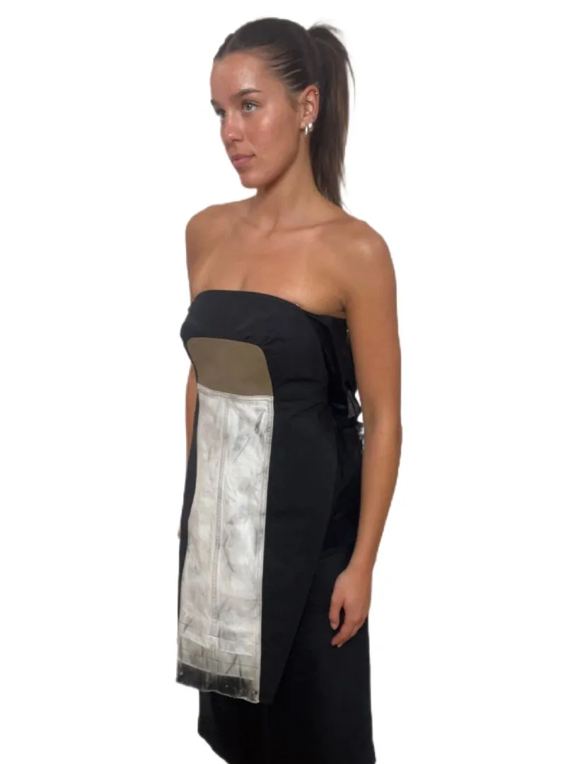 Rick Owens Black, Khaki & Denim Strapless Shield Tunic Mini Dress. Size: 40