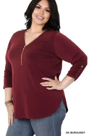 Rosita,  3/4 Sleeve Front Zip Knit Tunic Top - Small -3X