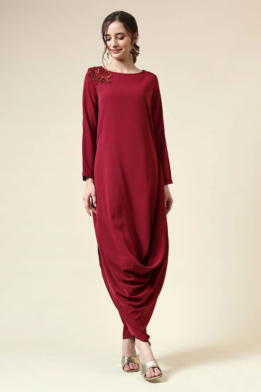 Ruby Red Embellished Draped Tunic Co-Ord Set