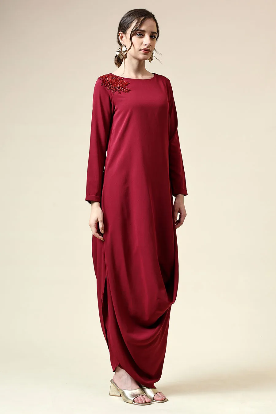 Ruby Red Embellished Draped Tunic Co-Ord Set