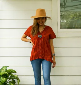 Rust Orange Raw Natural Crinkled Cotton Gauze Blouse