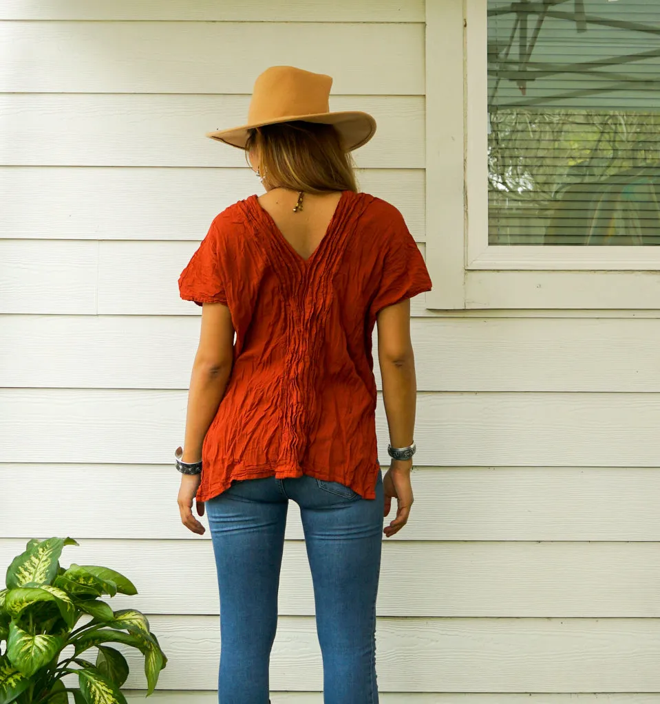 Rust Orange Raw Natural Crinkled Cotton Gauze Blouse