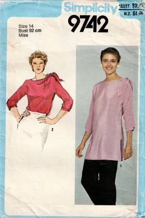 Simplicity 9742 Womens Asymmetric Tied Top or Tunic 1980s Vintage Sewing Pattern Size 14 Bust 36 inches