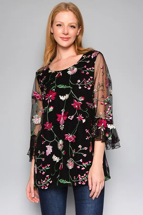 Snapdragon Floral  Embroidered Top, Black