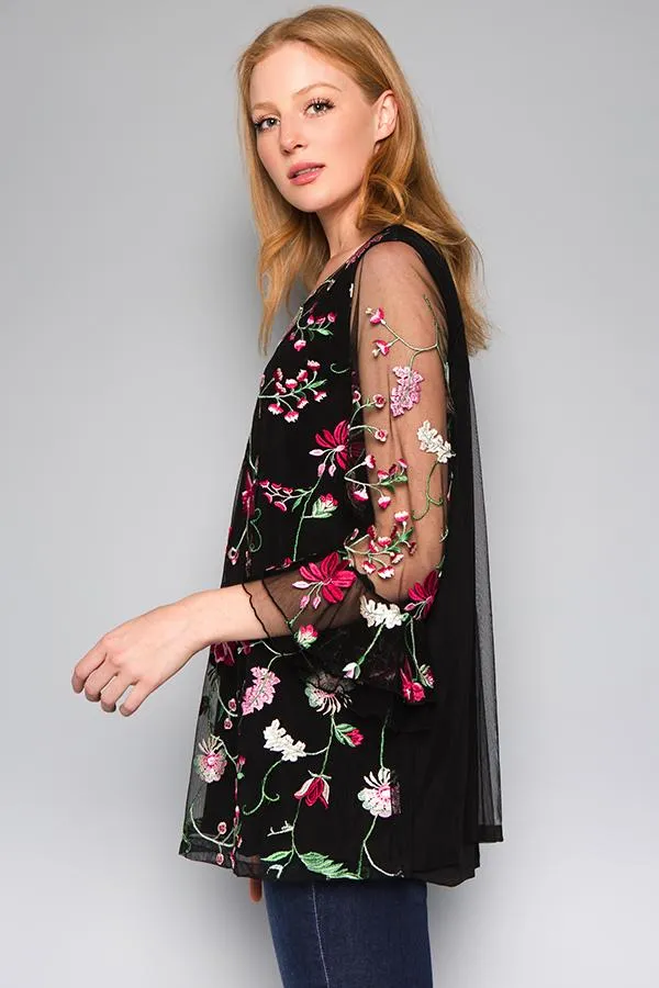 Snapdragon Floral  Embroidered Top, Black