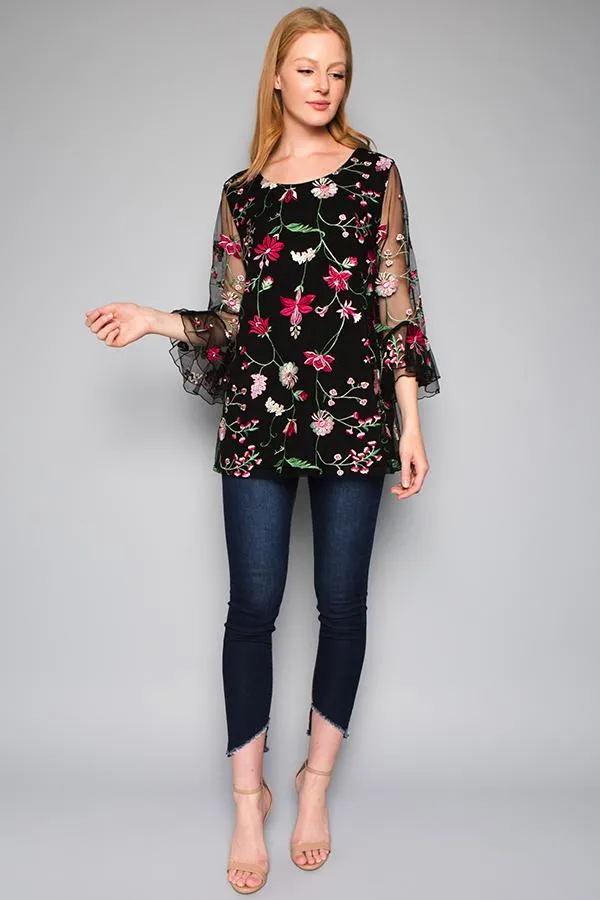 Snapdragon Floral  Embroidered Top, Black