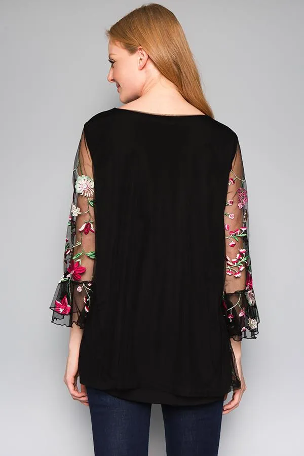 Snapdragon Floral  Embroidered Top, Black