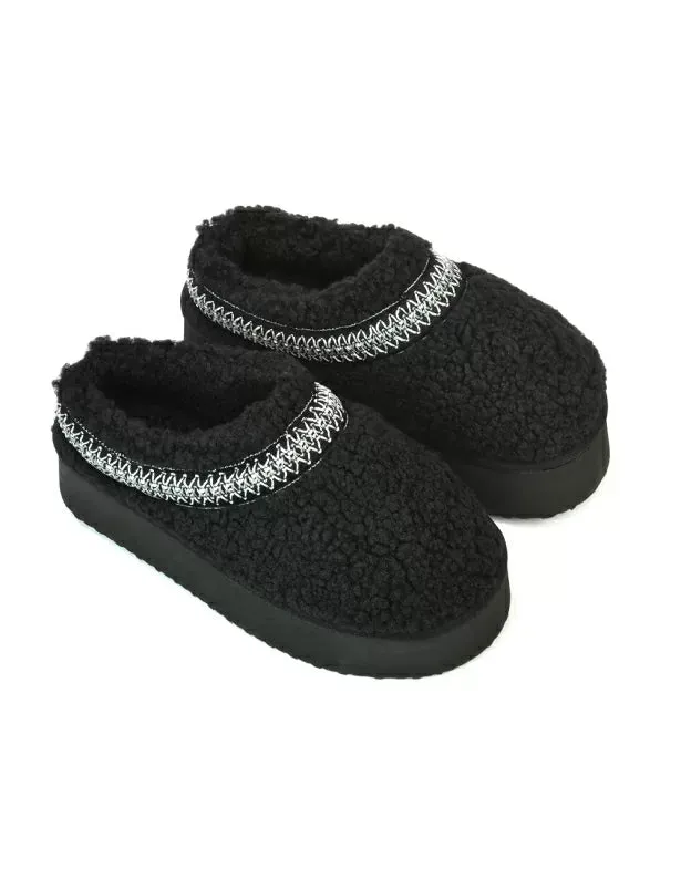 Sonya Aztec Faux Fur Teddy Platform Flatform Sole Slippers in Black