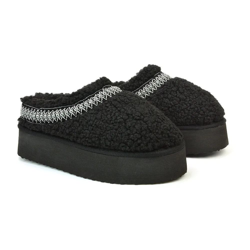 Sonya Aztec Faux Fur Teddy Platform Flatform Sole Slippers in Black