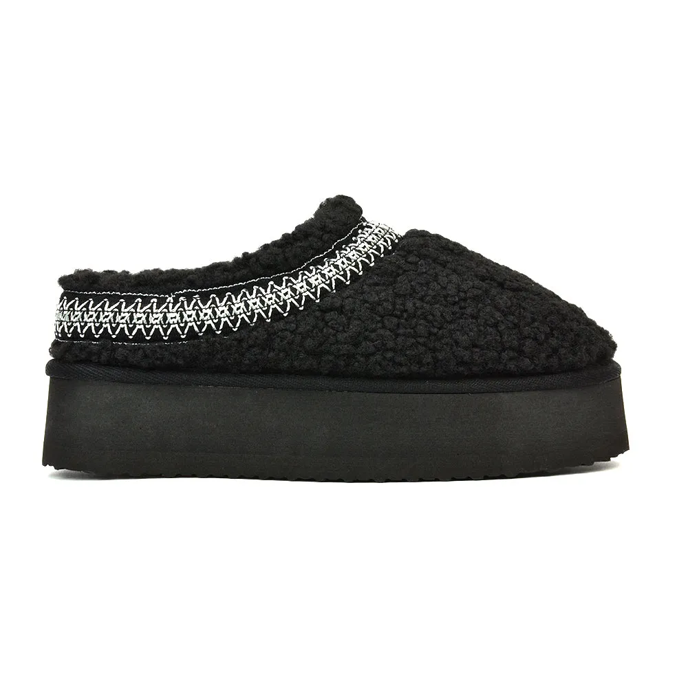 Sonya Aztec Faux Fur Teddy Platform Flatform Sole Slippers in Black