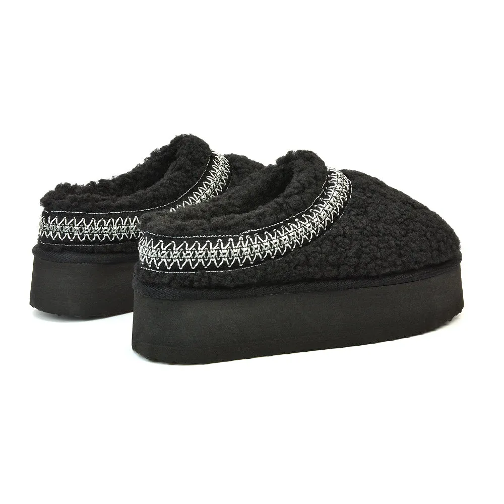 Sonya Aztec Faux Fur Teddy Platform Flatform Sole Slippers in Black