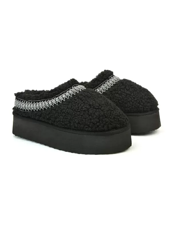 Sonya Aztec Faux Fur Teddy Platform Flatform Sole Slippers in Black