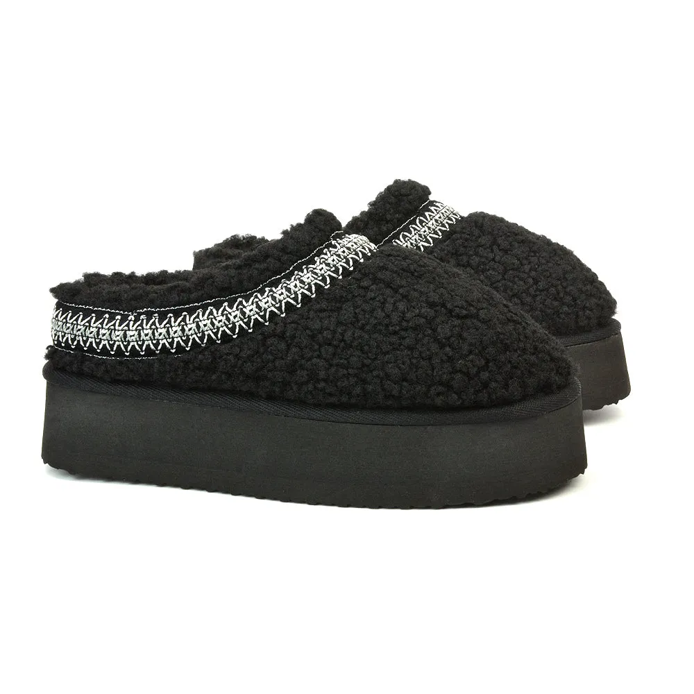 Sonya Aztec Faux Fur Teddy Platform Flatform Sole Slippers in Black