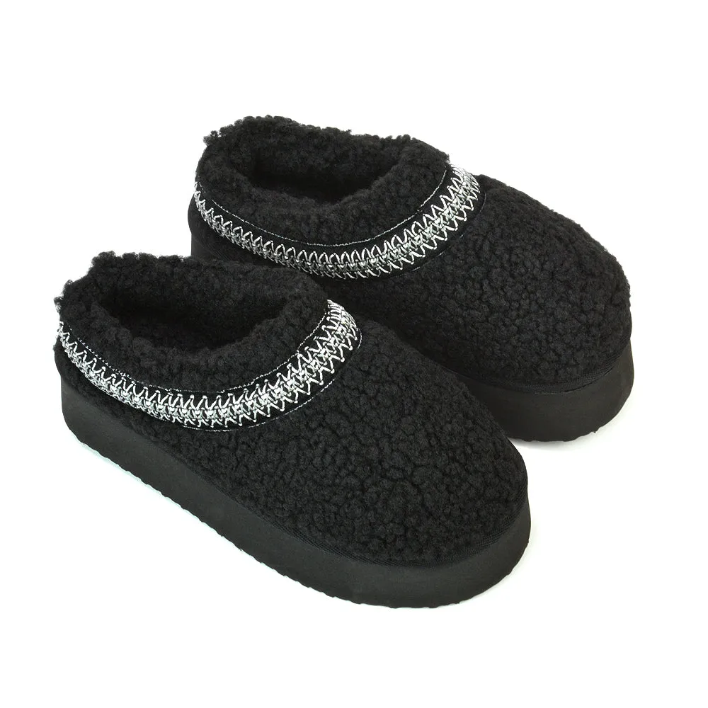 Sonya Aztec Faux Fur Teddy Platform Flatform Sole Slippers in Black