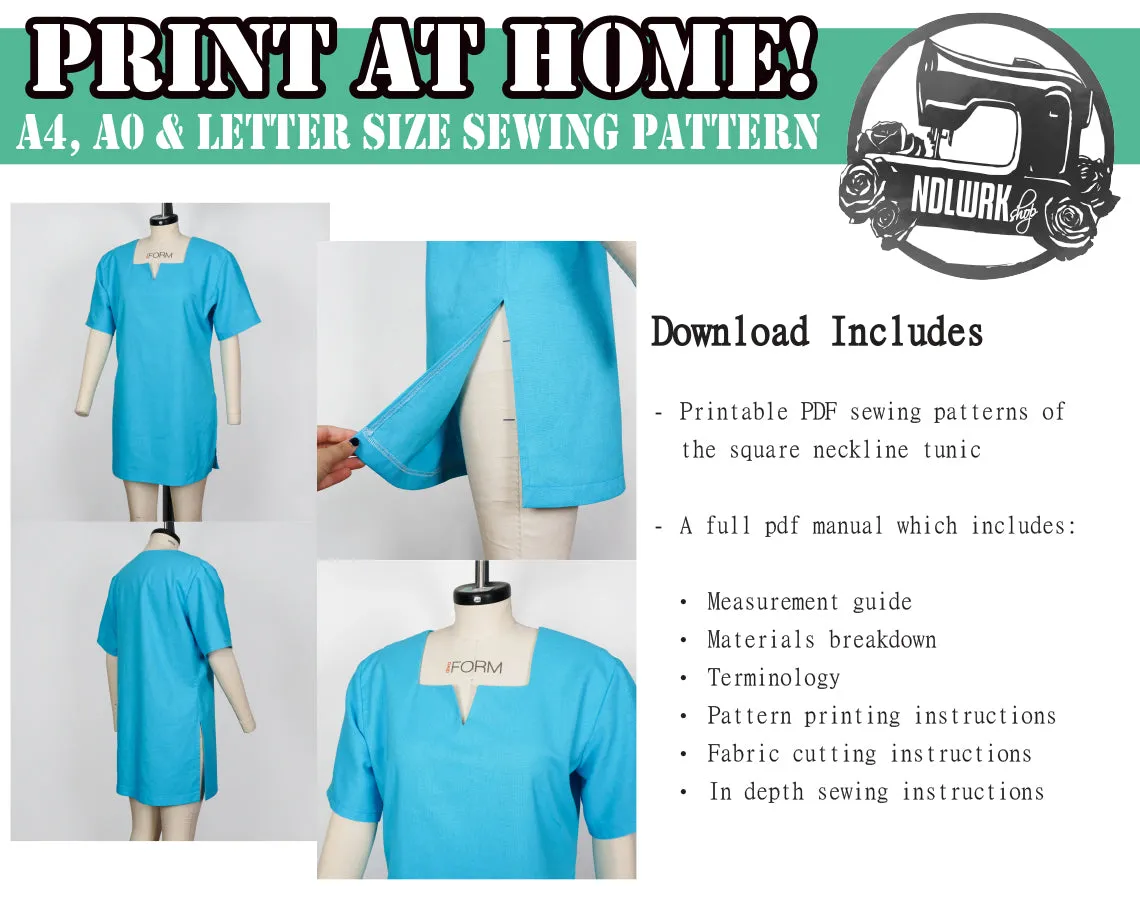 Square Neckline Tunic Sewing Pattern/Downloadable PDF and Tutorial Book