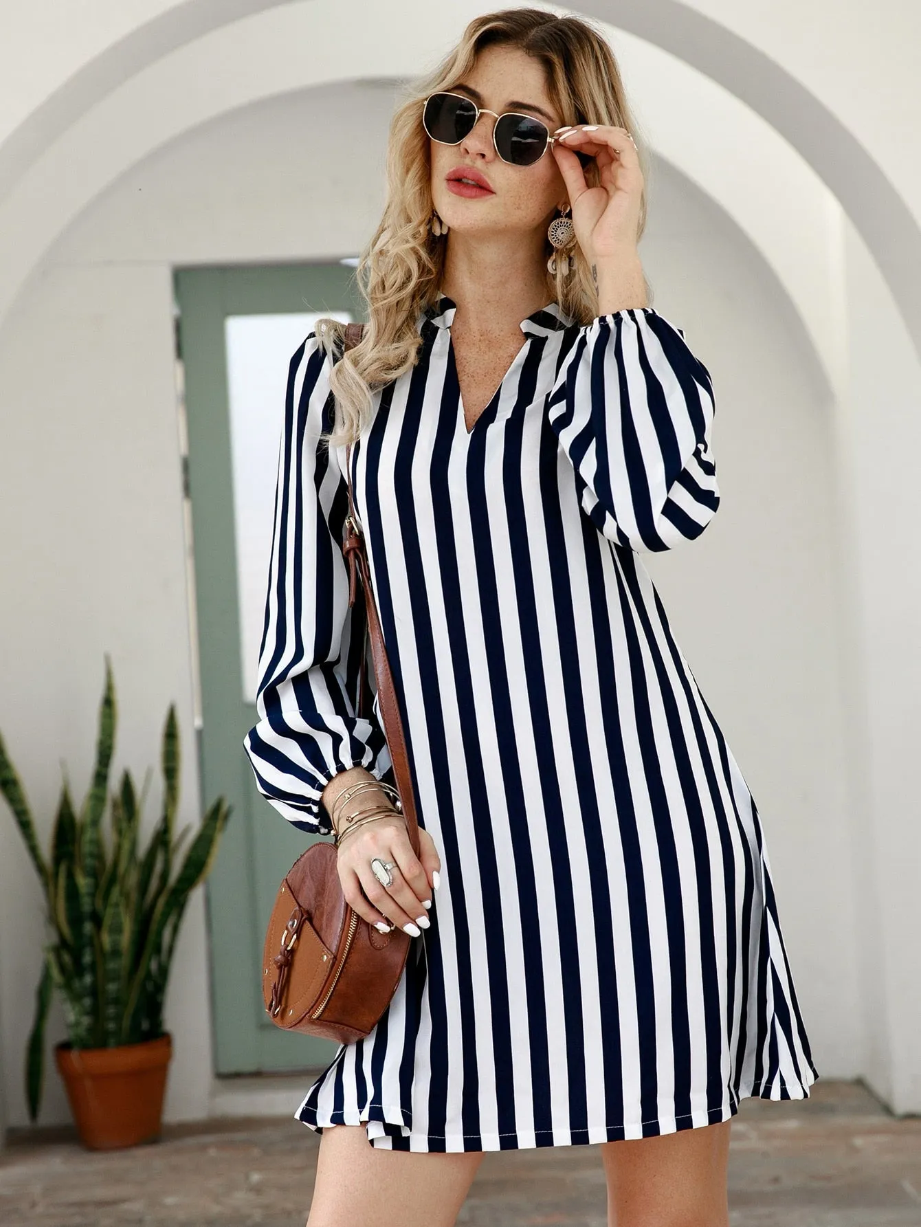 Striped Notched Neck Tunic Dress