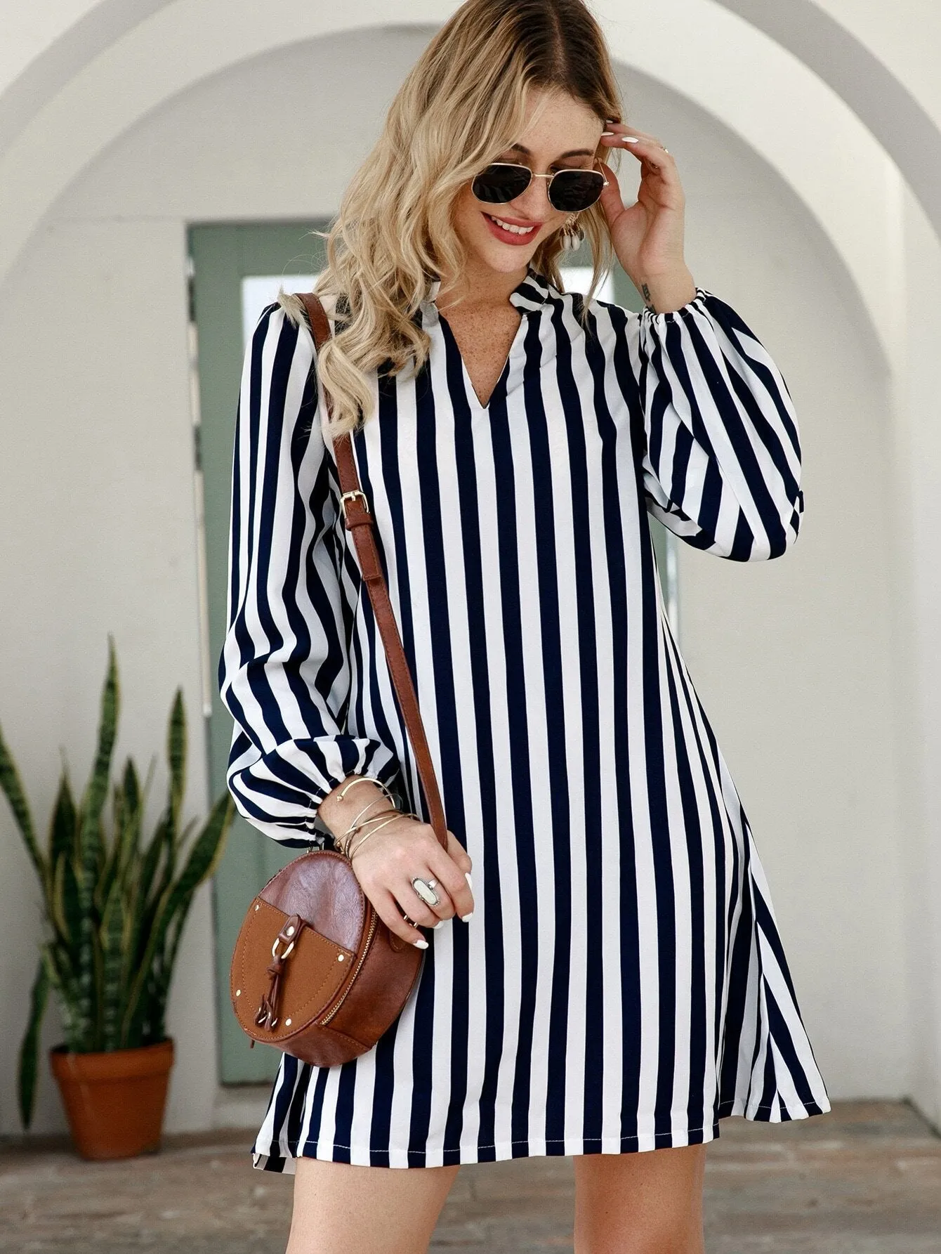 Striped Notched Neck Tunic Dress