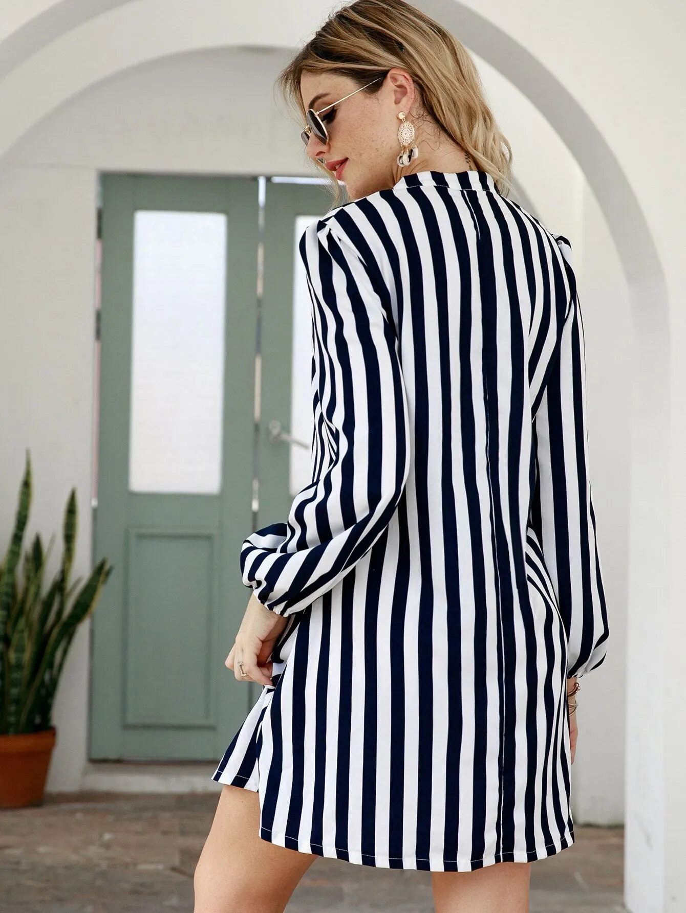 Striped Notched Neck Tunic Dress