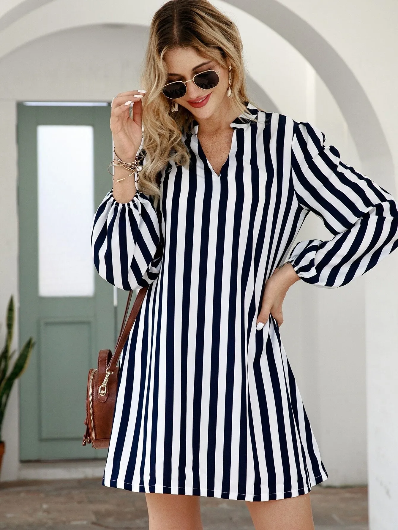 Striped Notched Neck Tunic Dress