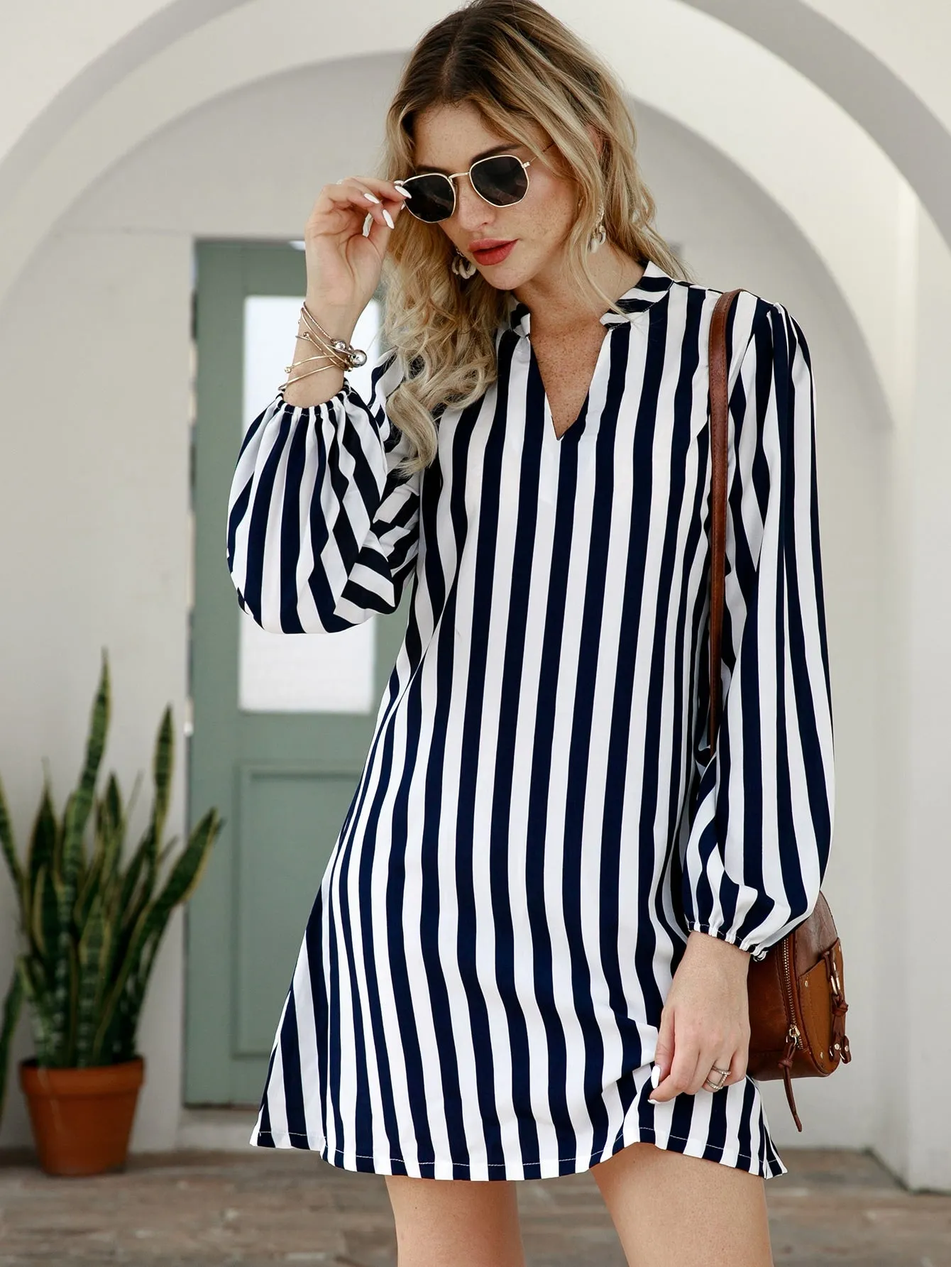 Striped Notched Neck Tunic Dress