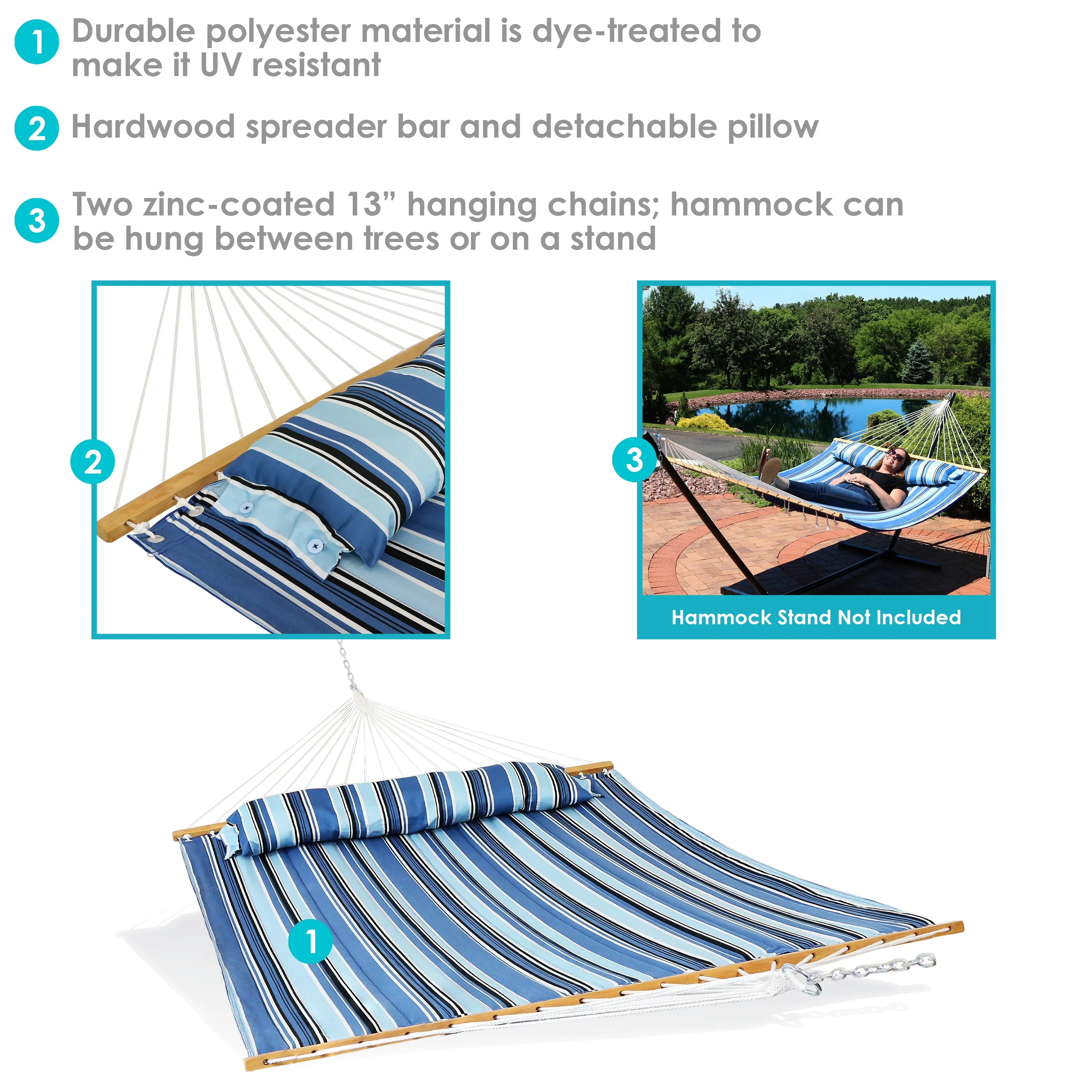 Sunnydaze 2-Person Quilted Fabric Double Hammock with Pillow