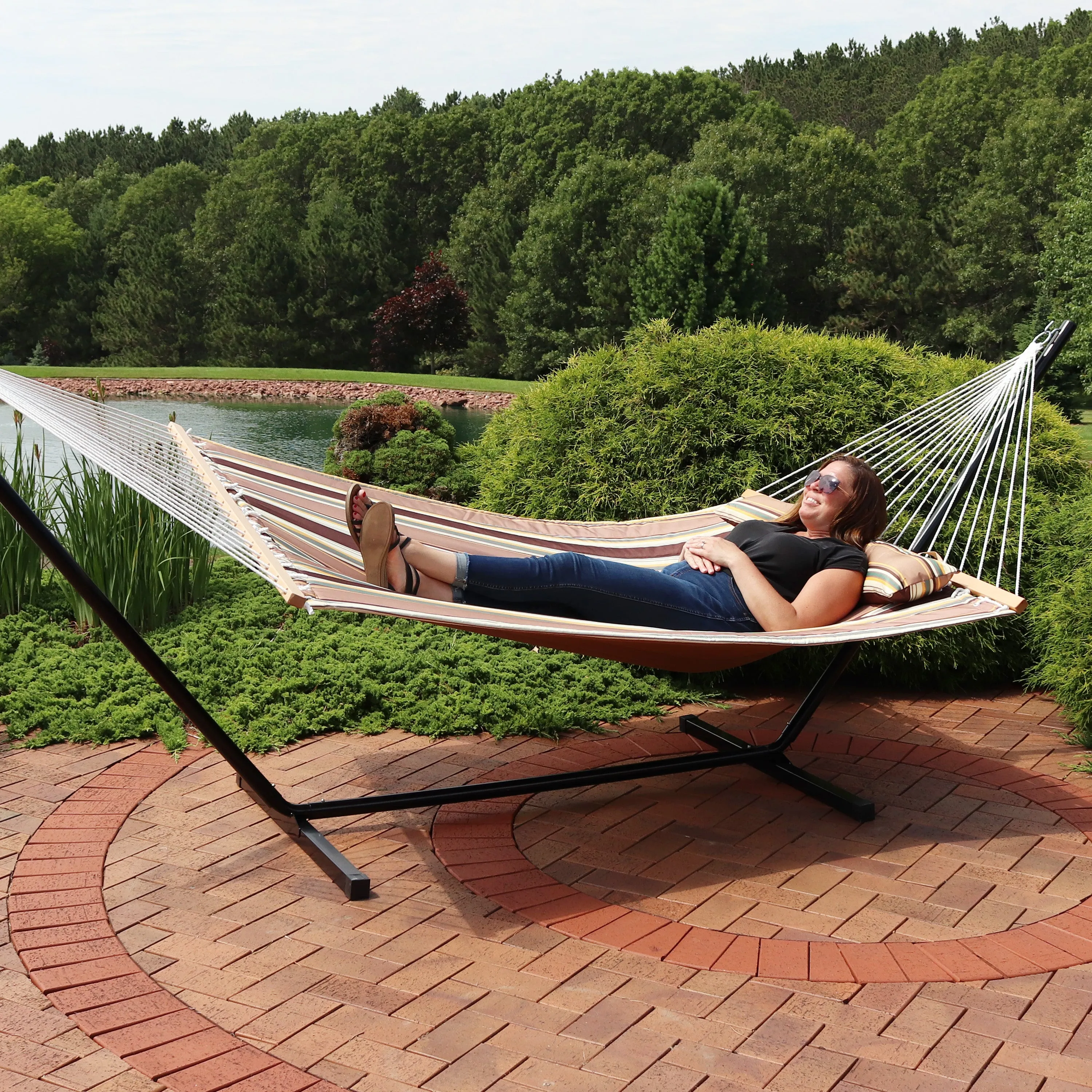 Sunnydaze 2-Person Quilted Fabric Double Hammock with Pillow