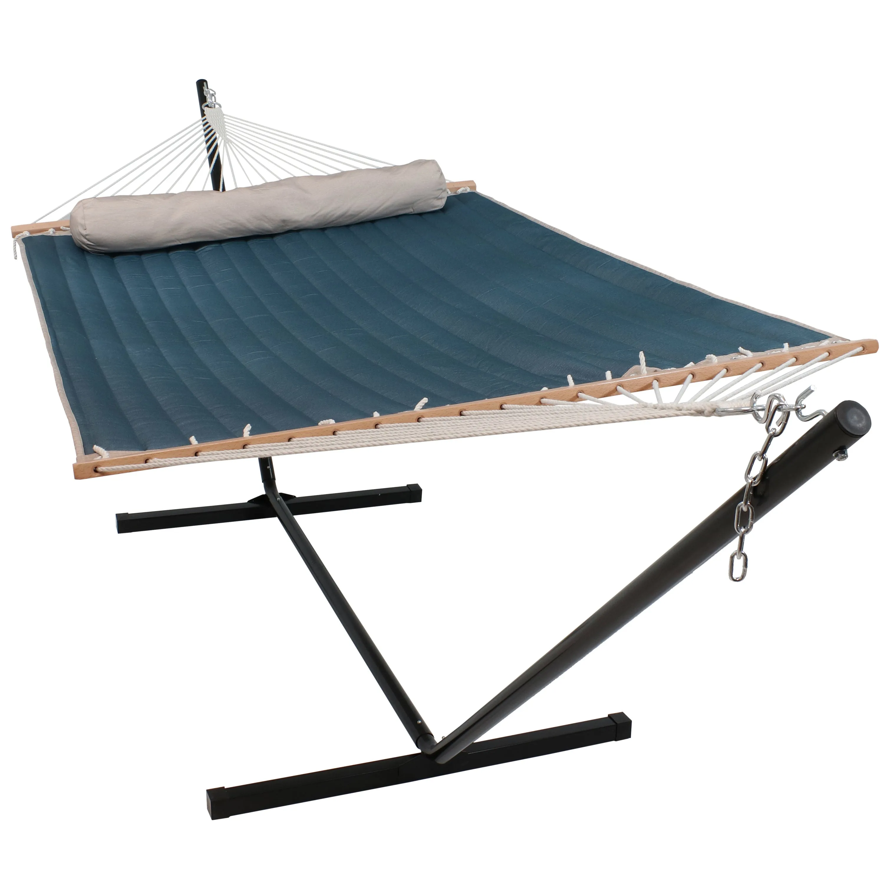 Sunnydaze 2-Person Quilted Hammock with Pillow and Stand - Tidal Wave