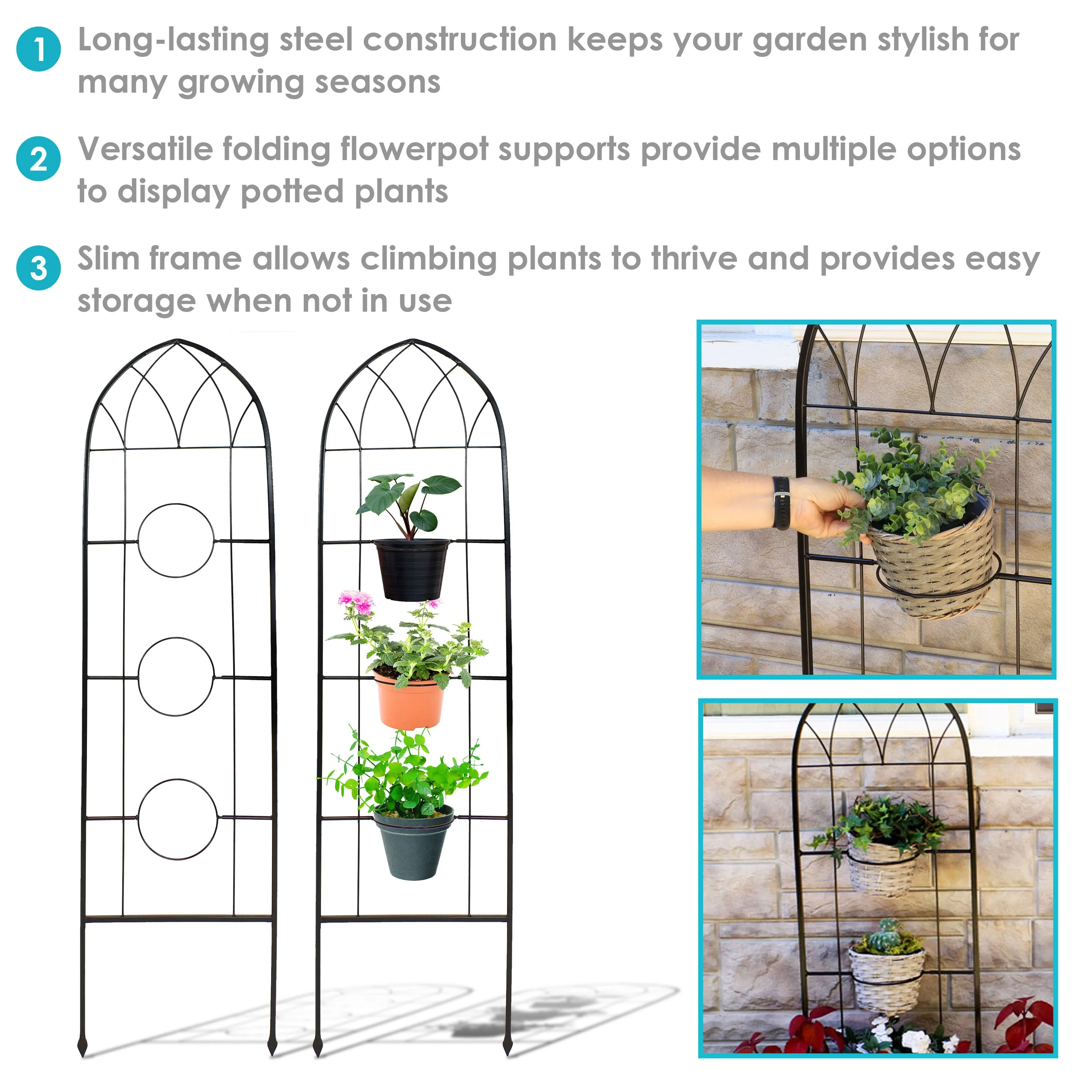 Sunnydaze 2-Piece Arched Garden Trellis with Folding Flowerpot Supports