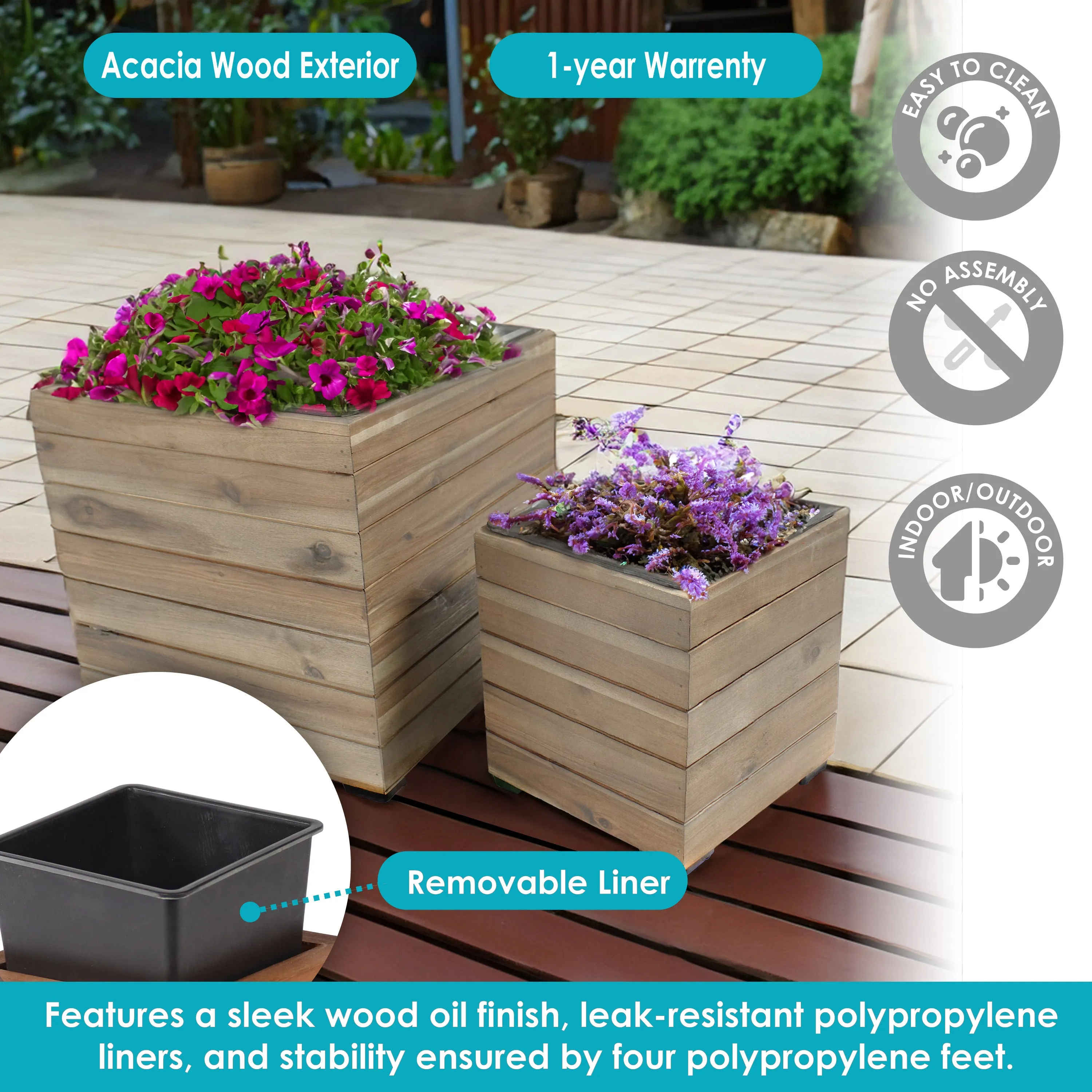 Sunnydaze 2-Piece Wooden Planter Boxes with Plastic Liners