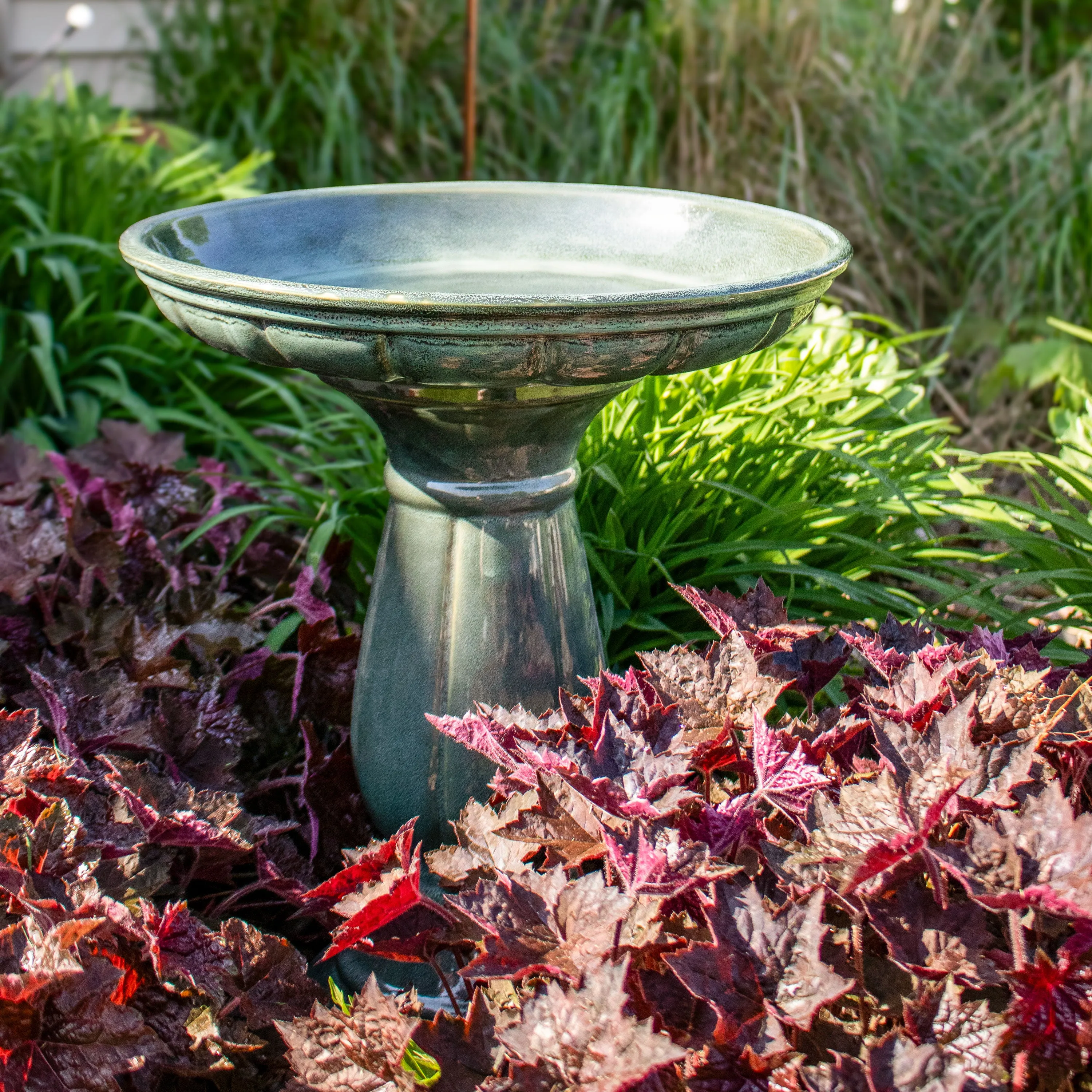 Sunnydaze Avignon Glazed Outdoor Ceramic Bird Bath - Green Mist - 18.75" H