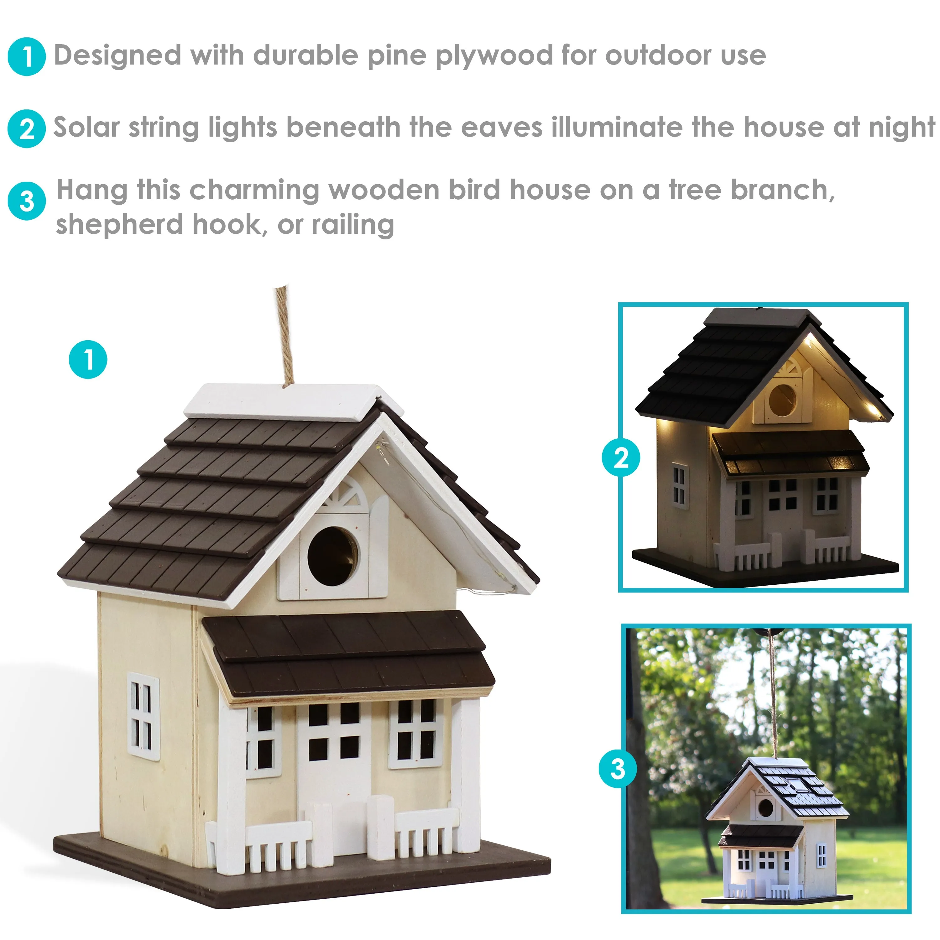 Sunnydaze Cozy Home LED Solar Wooden Outdoor Hanging Bird House - 9.25"