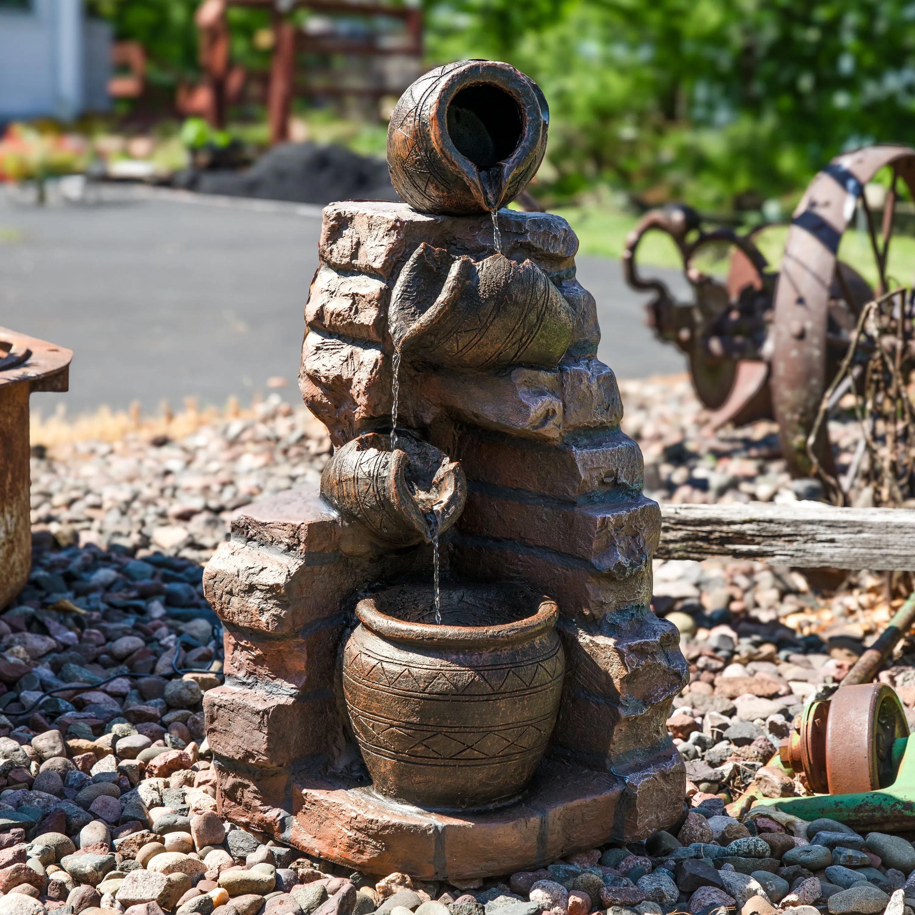 Sunnydaze Crumbling Bricks and Pots Solar Fountain with Battery Backup - 27"