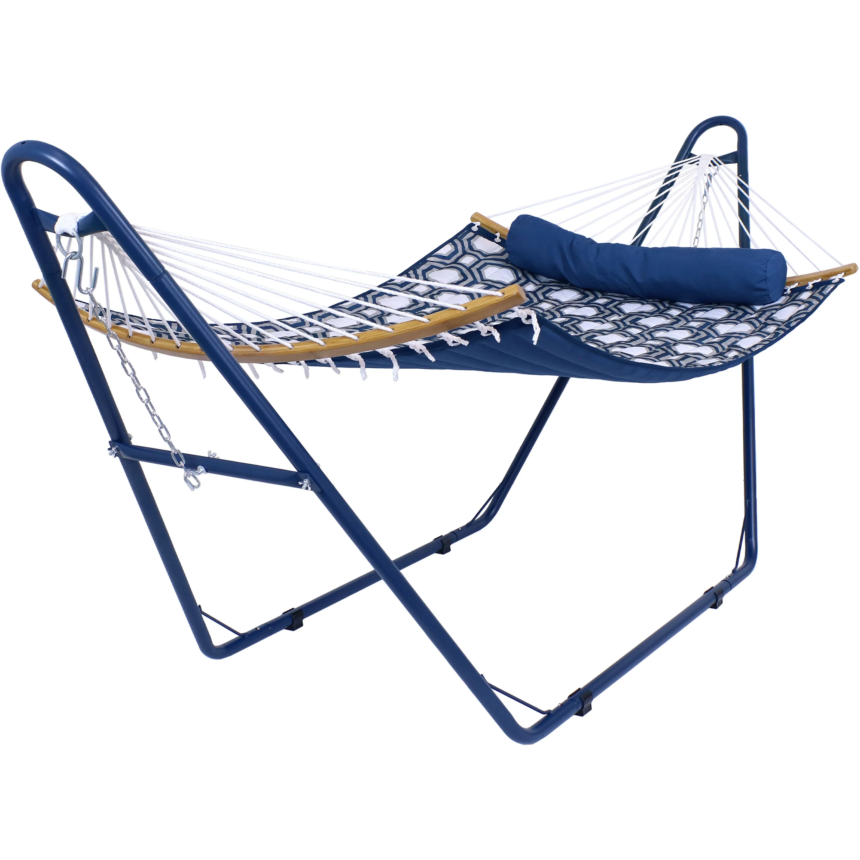 Sunnydaze Curved Spreader Bar Hammock with Blue Steel Stand - Gray Blue Octagon