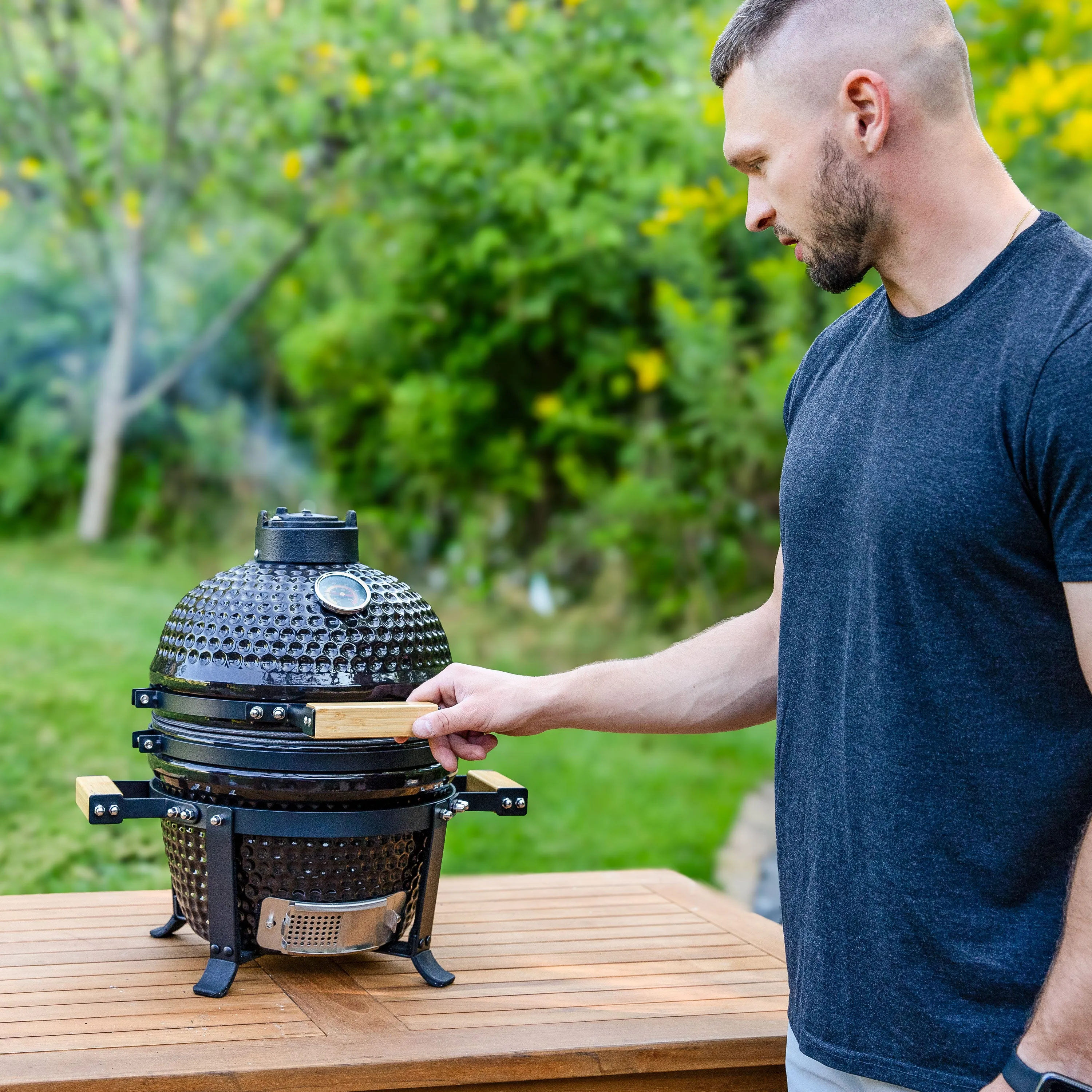 Sunnydaze Kamado Portable Charcoal Grill and Smoker with Stand