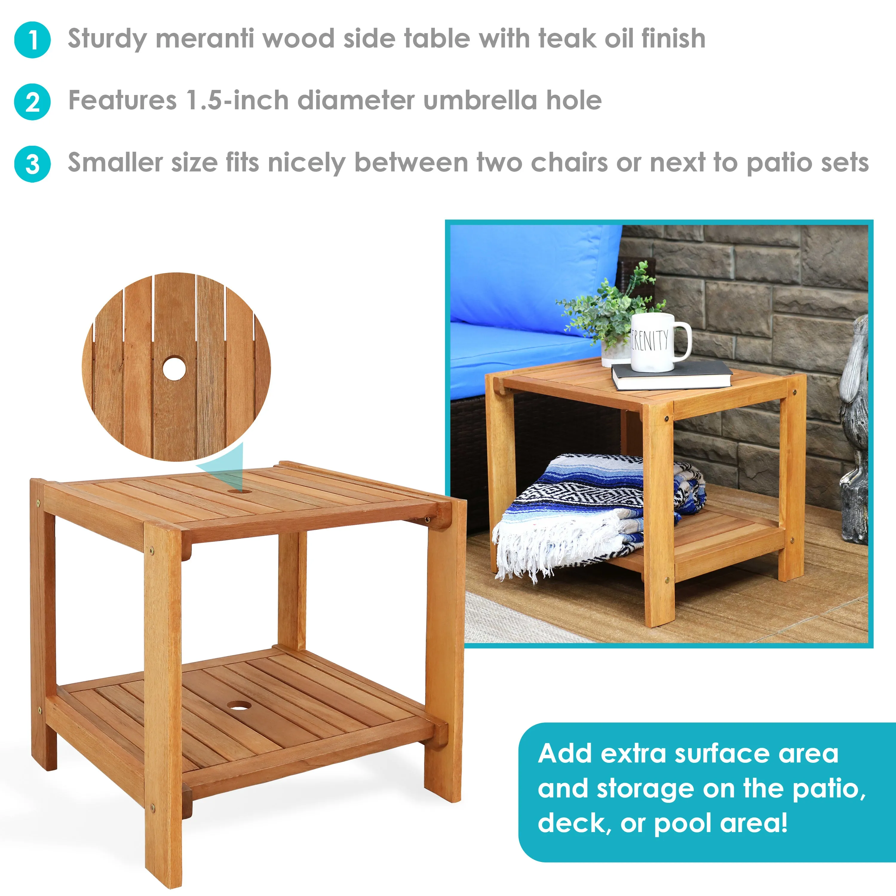 Sunnydaze Meranti Wood Outdoor Side Table with Teak Oil Finish - 20"