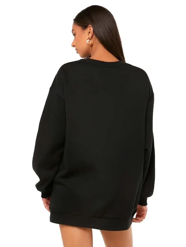 SXV Black Solid Round Neck Drop Shoulder Plain Oversized Sweatshirt