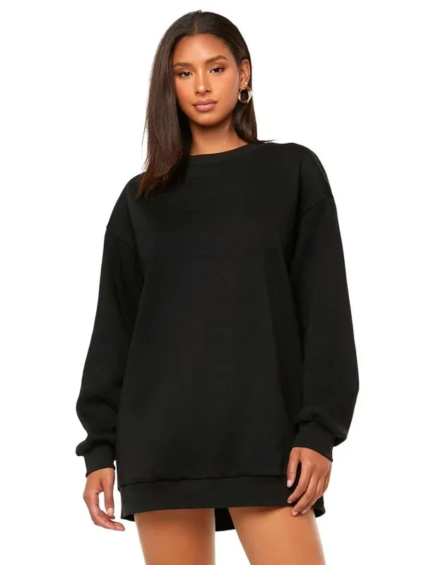 SXV Black Solid Round Neck Drop Shoulder Plain Oversized Sweatshirt