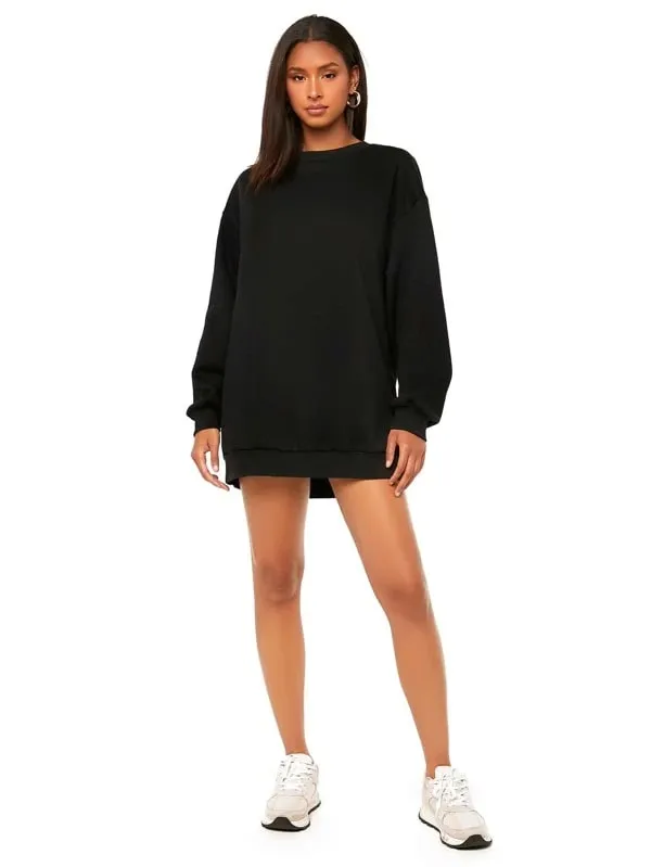 SXV Black Solid Round Neck Drop Shoulder Plain Oversized Sweatshirt