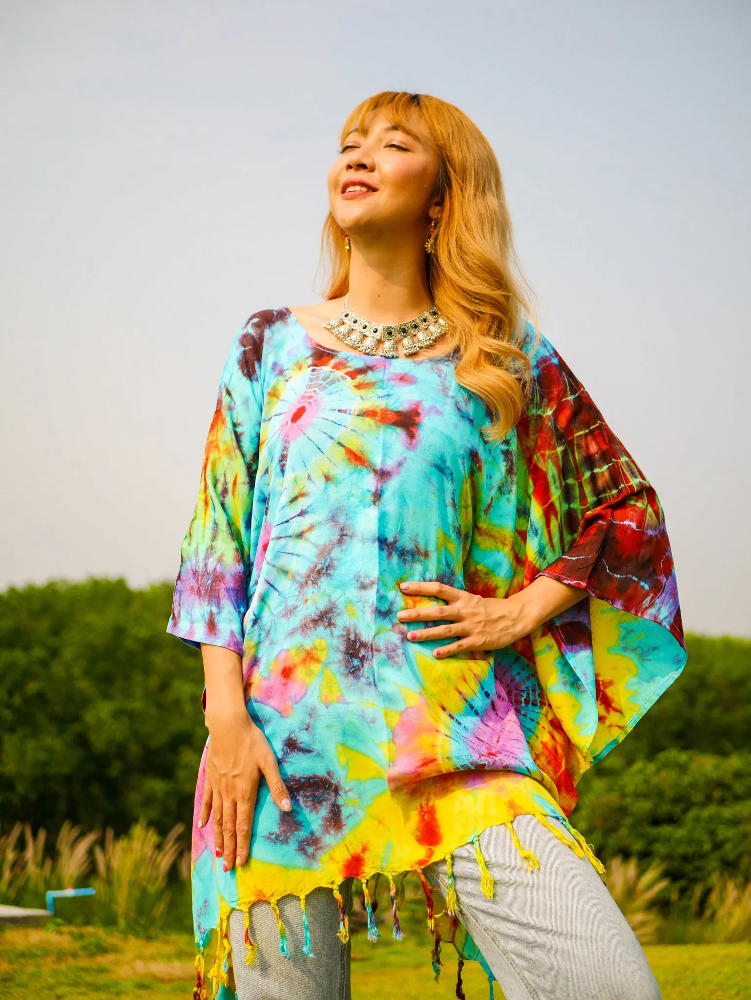 T0800- Hand Dyed Tunic Boho Kaftan Blouse Hippie Oversize Tops