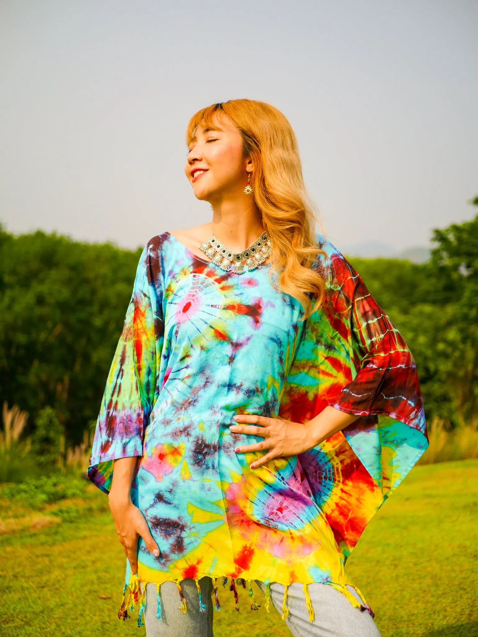 T0800- Hand Dyed Tunic Boho Kaftan Blouse Hippie Oversize Tops