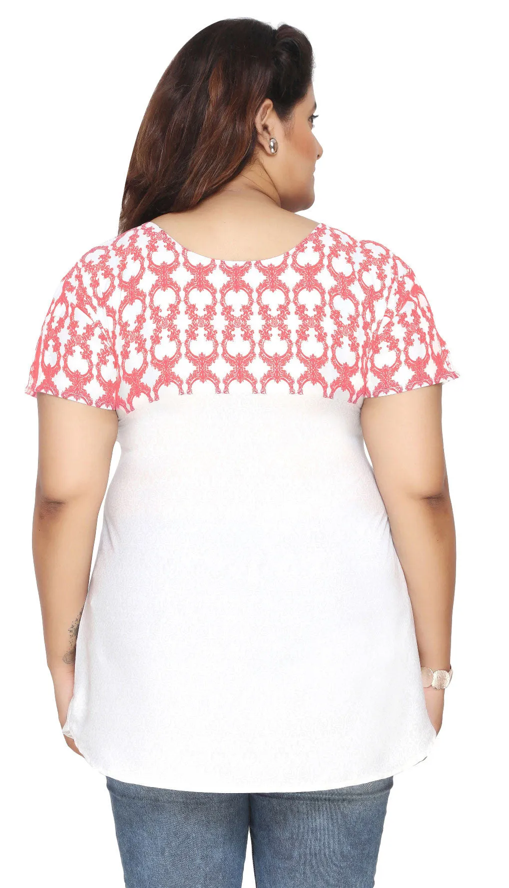 Tunic Top Kurti Plus Size Womens Printed Indian Clothes (White-Red)