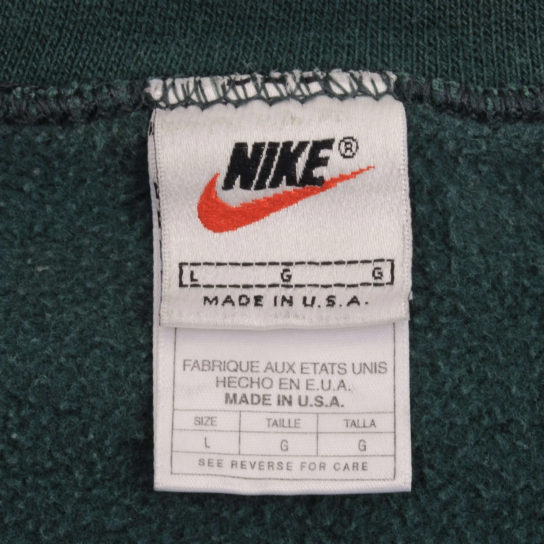 VINTAGE NIKE CLASSIC SWOOSH PINE GREEN SWEATSHIRT 1990S SIZE LARGE MADE IN USA