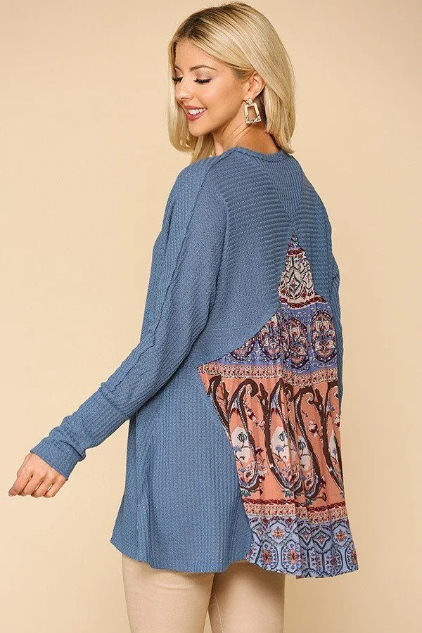 Waffle Knit And Woven Print Mixed Hi Low Flowy Tunic Top