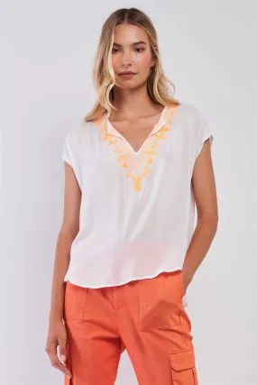 White & Orange Embroidery Boho V-Neck Short Sleeve Tunic Top /1-2-3