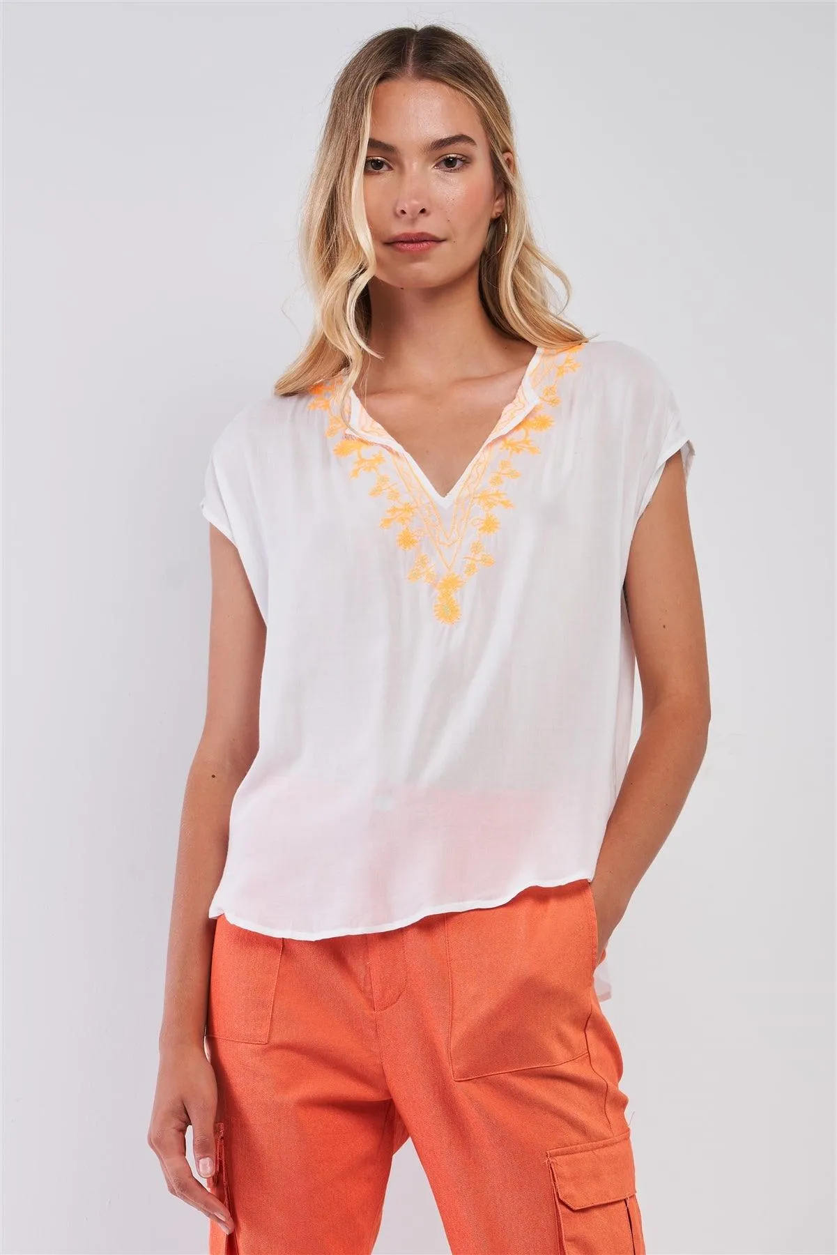 White & Orange Embroidery Boho V-Neck Short Sleeve Tunic Top /1-2-3