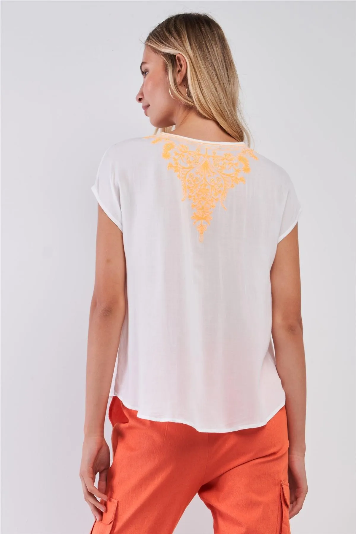 White & Orange Embroidery Boho V-Neck Short Sleeve Tunic Top /1-2-3