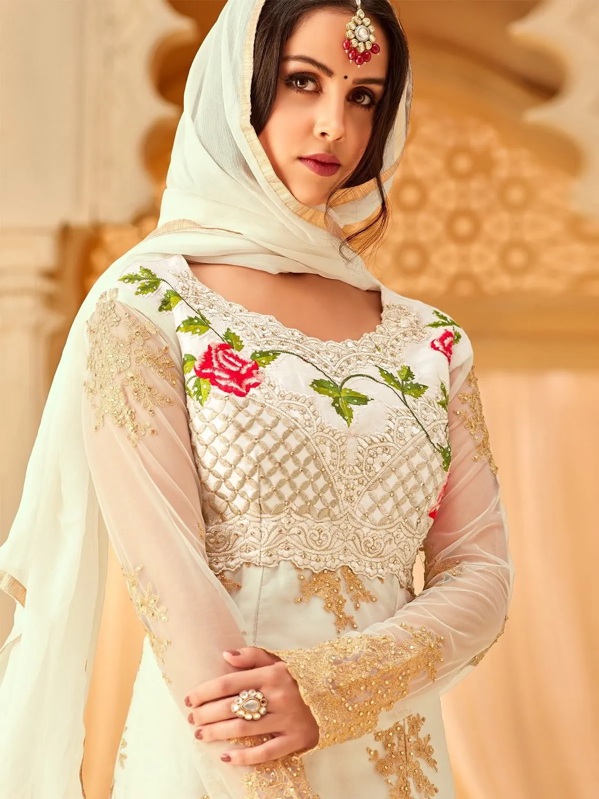 White Overall Multi Embroidered Designer Palazzo Suit